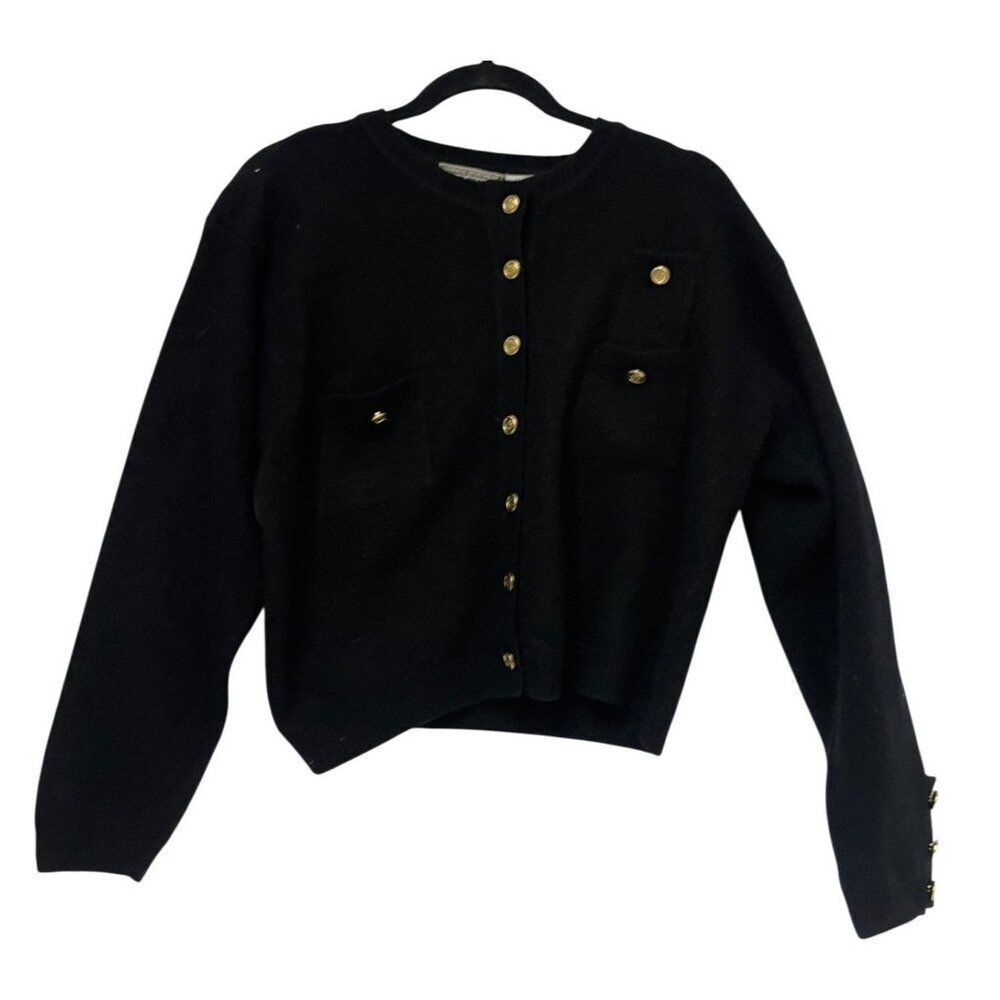 Vinatge Forenza Womens Sweater Medium Cardigan Black Lambswool angora pockets